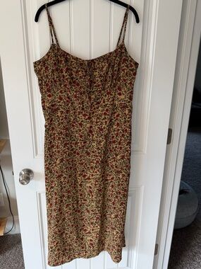 Floral Spaghetti Strap Midi Dress - Beige with Red Floral